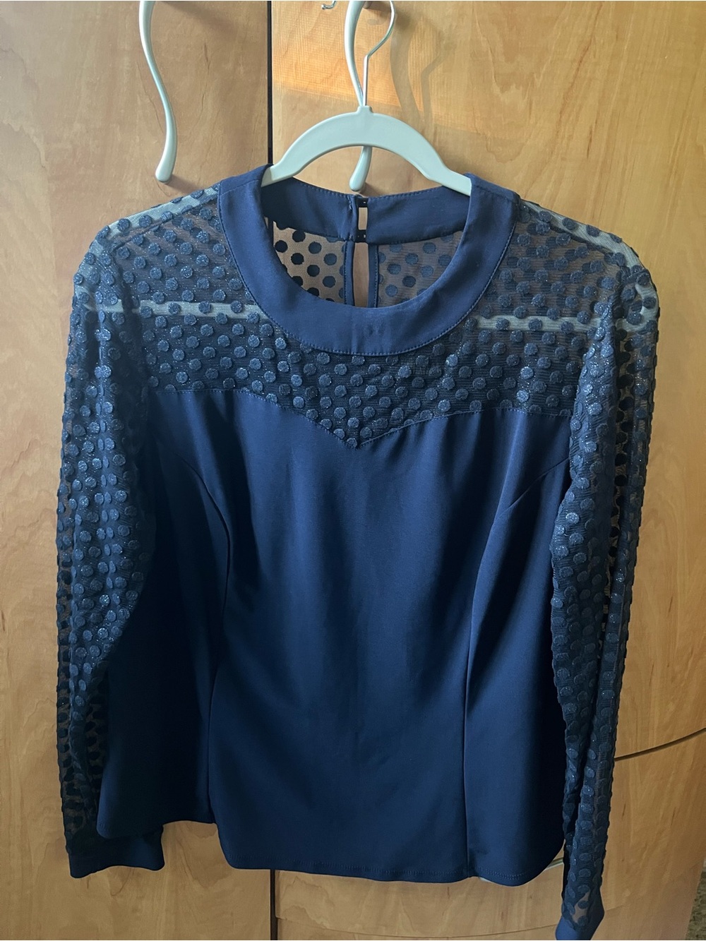 Maxima Navy Polka Dot Mesh Panel Top